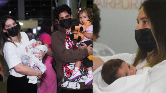 Virgínia e Zé Felipe levam filha de 30 dias de vida em viagem internacional e família esbanja simpatia em aeroporto. Fotos!