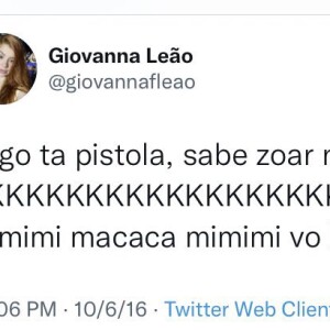 Em 2016, Giovanna, do 'BBB 23', utilizou o termo 'macaca' em uma publicação no Twitter