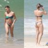 Bianca Rinaldi também gosta de curtir o verão e usa biquíni tomara que caia para dar um mergulho no mar da praia da Barra da Tijuca, Zona Oeste do Rio de Janeiro