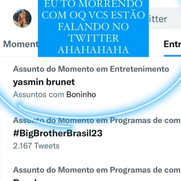 Yasmin Brunet assumiu que seria cancelada se fosse para o 'BBB 23'