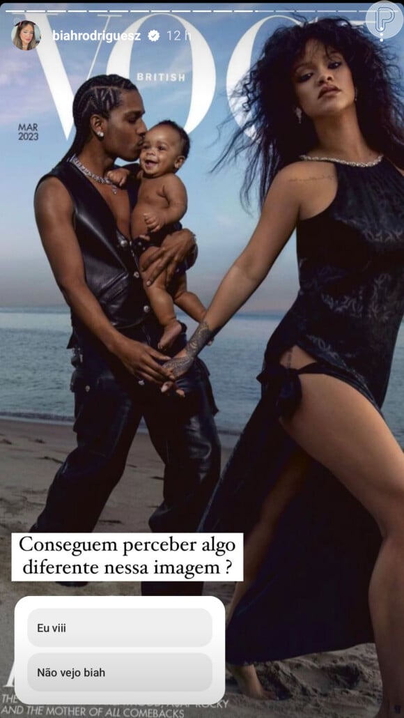 Biah Rodrigues postou uma imagem da capa da revista Vogue britânica com Rihanna, mostrando a cantora à frente do marido, ASAP Rocky, que aparece carregando no colo o filho do casal