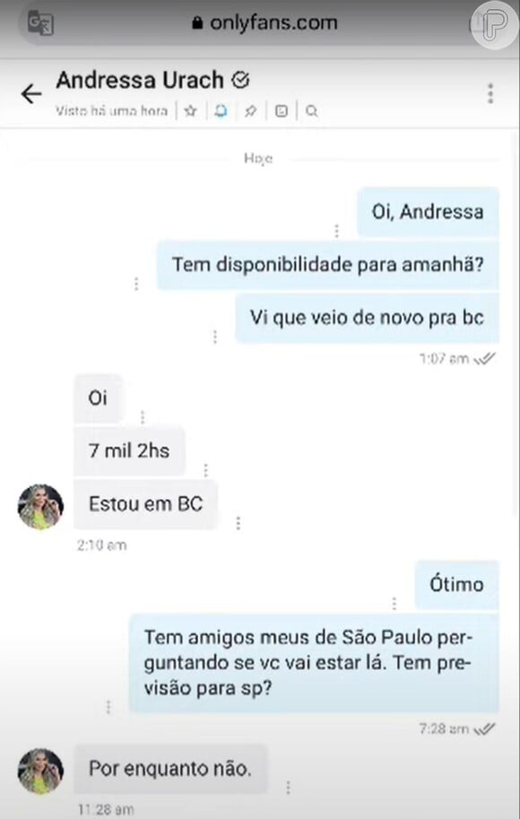 Na supsota conversa, Andressa Urach cobra R$ 7 mil por 2 horas de encontro sexual