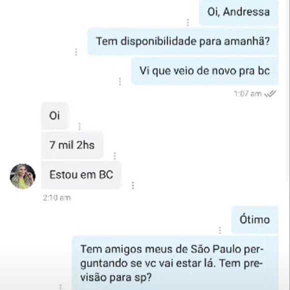 Na supsota conversa, Andressa Urach cobra R$ 7 mil por 2 horas de encontro sexual