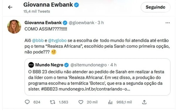 BBB 23: Giovanna Ewbank comentou a notícia sobre a festa de Sarah nas redes sociais