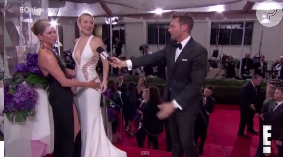 Jennifer Aniston brinca com Kate Hudson no tapete vermelho do Globo de Ouro 2015