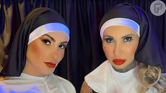 Andressa Urach se veste de freira com Sabrina Boing Boing em novo conteúdo erótico e convida: 'Vamos rezar juntos'
