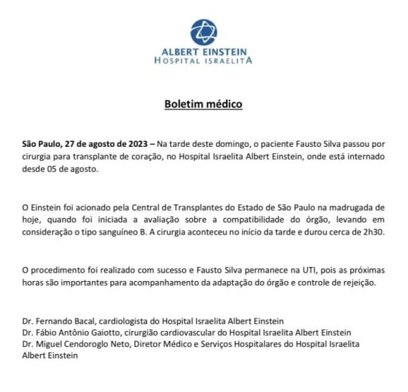 Segundo boletim médico, a cirurgia de Faustão foi um sucesso