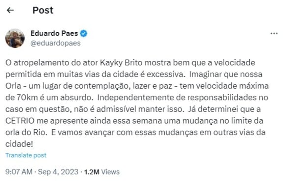 Prefeito do Rio pediu mudança em velocidade permitida na orla após acidente de Kayky Brito