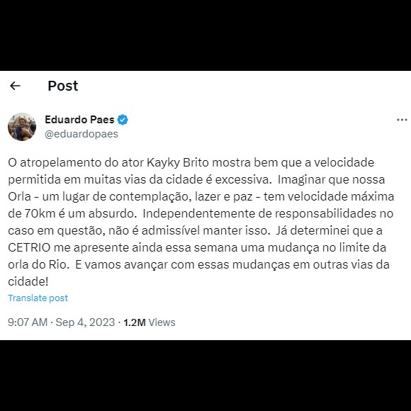 Prefeito do Rio pediu mudança em velocidade permitida na orla após acidente de Kayky Brito