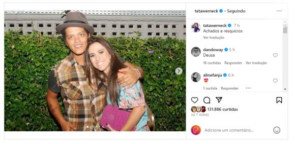 Tatá Werneck postou uma foto com Bruno Mars que parece ser do tempo em que ela trabalhava na MTV