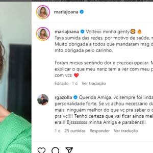 Maria Joana revelou que estava sumida das redes sociais por motivos de saúde