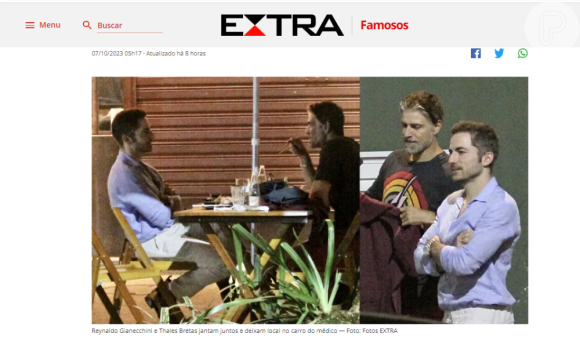 Reynaldo Gianecchini e Thales Bretas jantaram juntos em um restaurante no Rio de Janeiro. Flagra foi divulgado pelo jornal Extra