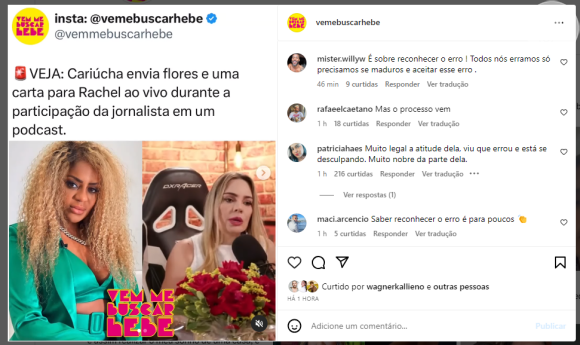 Rachel Sheherazade vai no Link Podcast e ganha flores com pedido de desculpas de Cariúcha