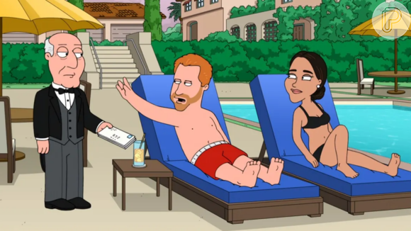 Príncipe Harry e Meghan Markle foram retratados em 'Uma Família da Pesada' relaxando à beira da piscina de uma mansão