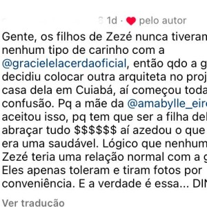 Graciele Lacerda curtiu um comentário com críticas aos filhos de Zezé Di Camargo. 'Eles apenas toleram e tiram fotos por conveniência', disse o internauta que ganhou o like