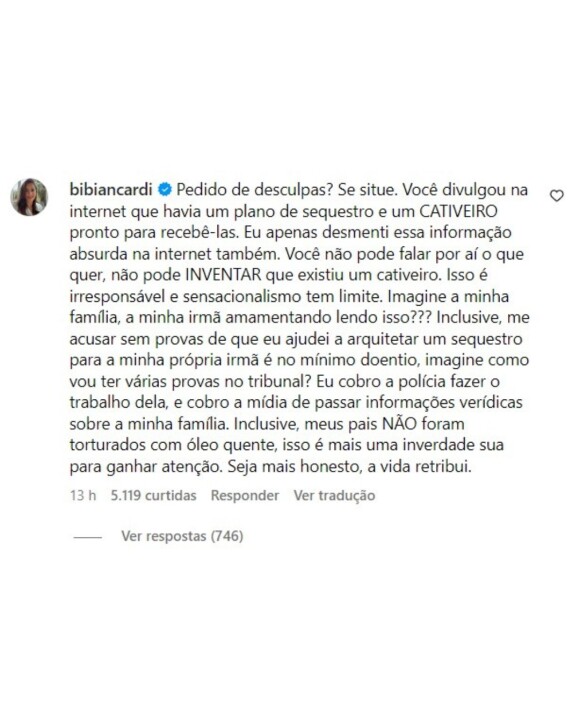 Bianca Biancardi fez textão para Luiz Bacci e acusou jornalista de criar fake news