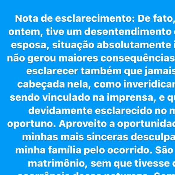 Alexandre Correa postou nota oficial e pediu desculpas a Ana Hickmann após o que chamou de 'desentendimento isolado'