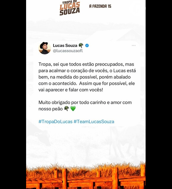 Lucas Souza fora de 'A Fazenda 2023': equipe se pronunciou de novo quase um dia após o ex-marido de Jojo Todynho deixar o reality