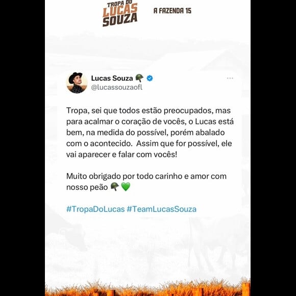 Lucas Souza fora de 'A Fazenda 2023': equipe se pronunciou de novo quase um dia após o ex-marido de Jojo Todynho deixar o reality