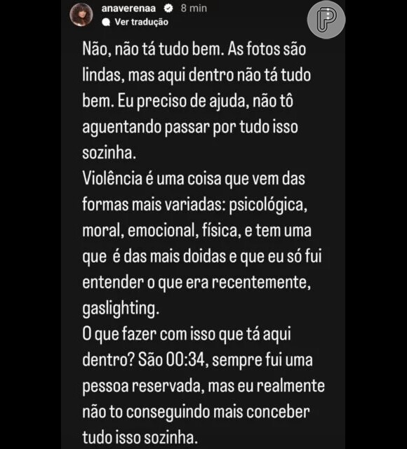 Ex de Fabio Assunção, Ana Verena postou uma mensagem falando sobre violência e apagou