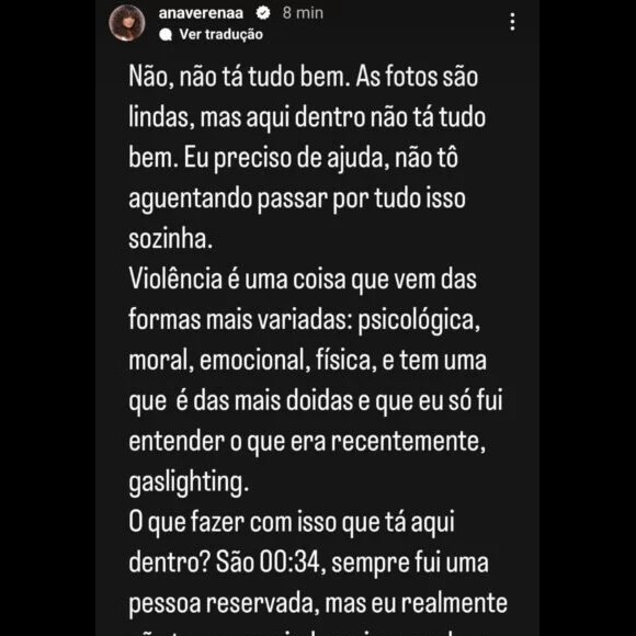 Ex de Fabio Assunção, Ana Verena postou uma mensagem falando sobre violência e apagou