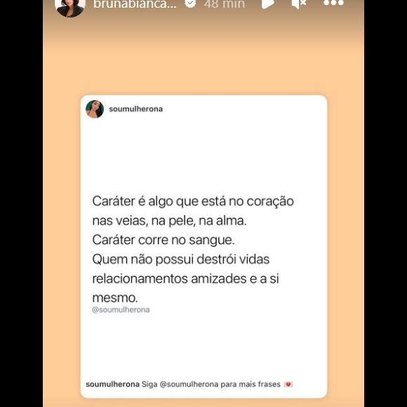 Bruna Biancardi publicou mensagem sobre falta de caráter no Instagram