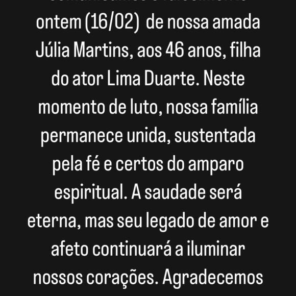 Família de Lima Duarte deixou post após a morte de Júlia Martins, uma das três filhas do ator