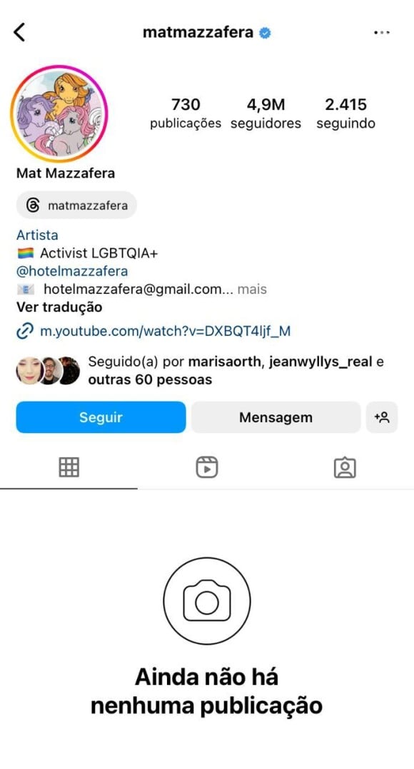 Matheus Mazzafera está sem foto do rosto no perfil do Instagram, substituído por três unicórnios, e todas as publicações da página foram arquivadas
