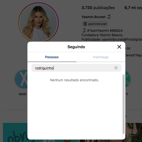 Yasmin Brunet deixou de seguir Rodriguinho em seu perfil do Instagram