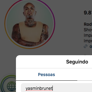 Fãs notaram que Rodriguinho também não está seguindo Yasmin Brunet, e teorizaram um bloqueio vindo da modelo