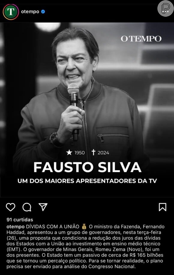 Jornal O Tempo fez um post anunciando o falecimento do apresentador, mas a legenda com texto de outra notícia indicava que houve um erro da equipe de social media
