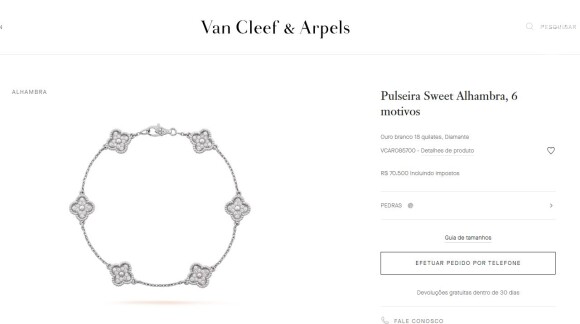 A pulseira, em ouro branco e diamantes, pode ser comprada por R$ 70.500
