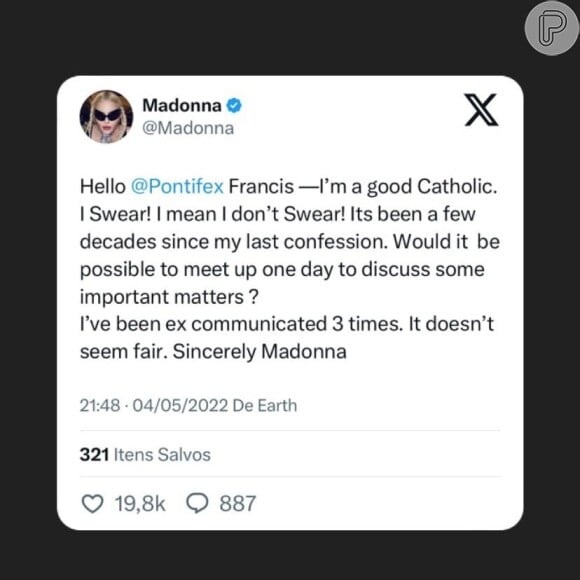 Madonna mandou recado para o Papa Francisco em 2022: 'Eu fui excomungada três vezes. Não parece justo'