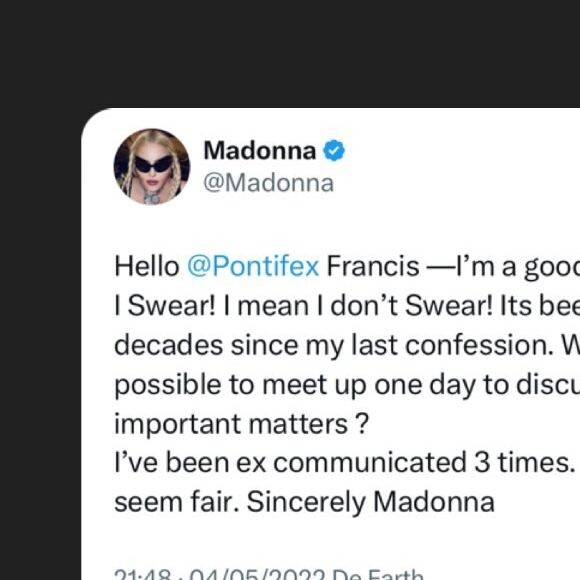 Madonna mandou recado para o Papa Francisco em 2022: 'Eu fui excomungada três vezes. Não parece justo'