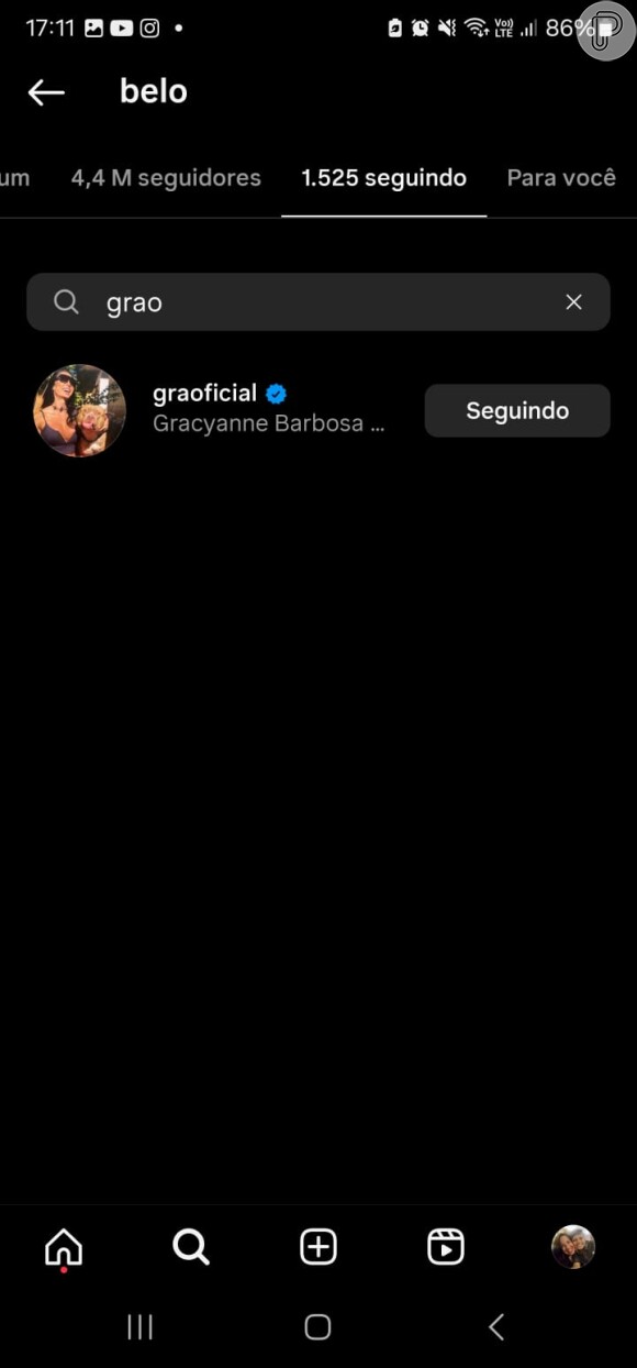 Belo continua seguindo Gracyanne Barbosa, mas a musa fitness deu unfollow no ex