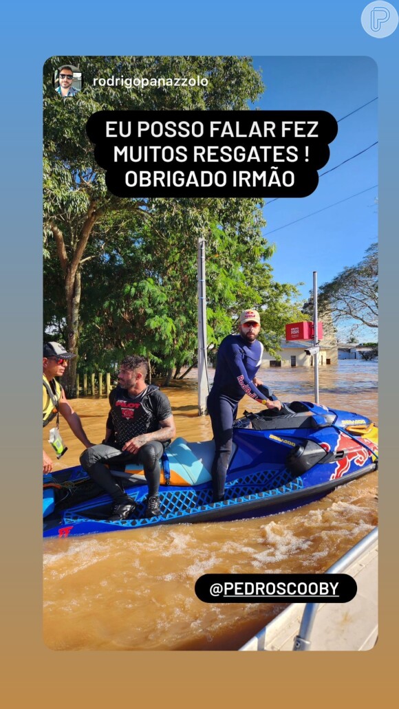 Tragédia histórica das chuvas no RS: Pedro Scooby agradeceu a médico e a Cintia Dicker, sua mulher, por terem contribuído com doações