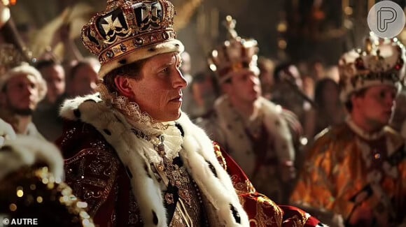 Príncipe William, já com a posse da coroa após a morte de Charles III, vestido como rei 
