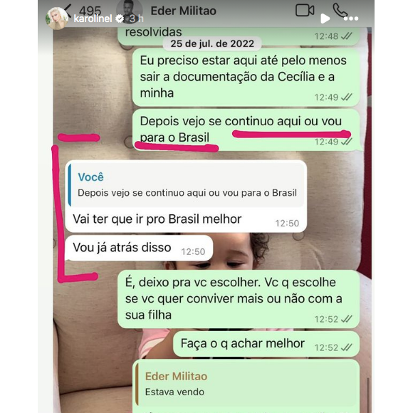 Karoline Lima mostrou o ex-namorado a mandando voltar a morar no Brasil