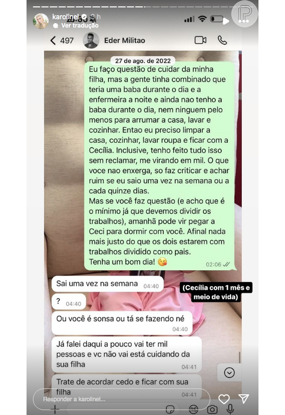 Karoline Lima expôs o fato de Éder Militão ter se recusado a contratar uma babá no começo da maternidade a falando para "acordar mais cedo e ficar com sua filha"