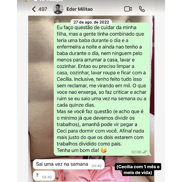 Karoline Lima expôs o fato de Éder Militão ter se recusado a contratar uma babá no começo da maternidade a falando para "acordar mais cedo e ficar com sua filha"