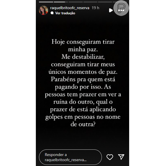 Raquel, disse que precisou cancelar sua participação em um podcast por estar abalada psicologicamente