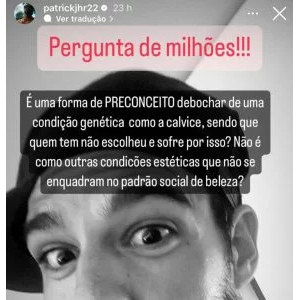 Patrick afirma que usa boné para se sentir mais seguro com relação a sua aparência