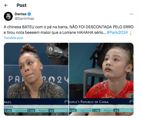 Não faltaram reclamações nas redes sociais sobre a nota da chinesa nas barras, acusando os juízes de roubo 