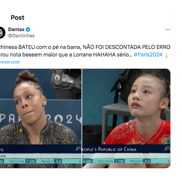 Não faltaram reclamações nas redes sociais sobre a nota da chinesa nas barras, acusando os juízes de roubo 