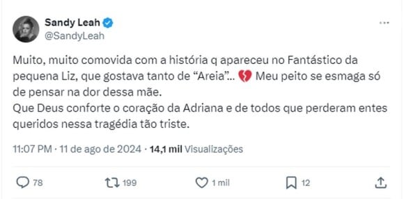 Sandy se manifestou após descobrir que Liz era sua fã