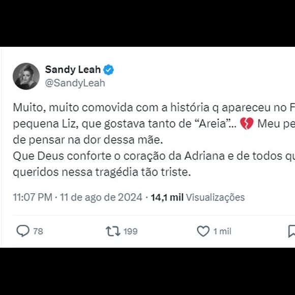 Sandy se manifestou após descobrir que Liz era sua fã