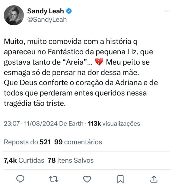 Sandy enviou recado emocionante à mãe de Liz: 'Meu peito se esmaga só de pensar na dor dessa mãe'