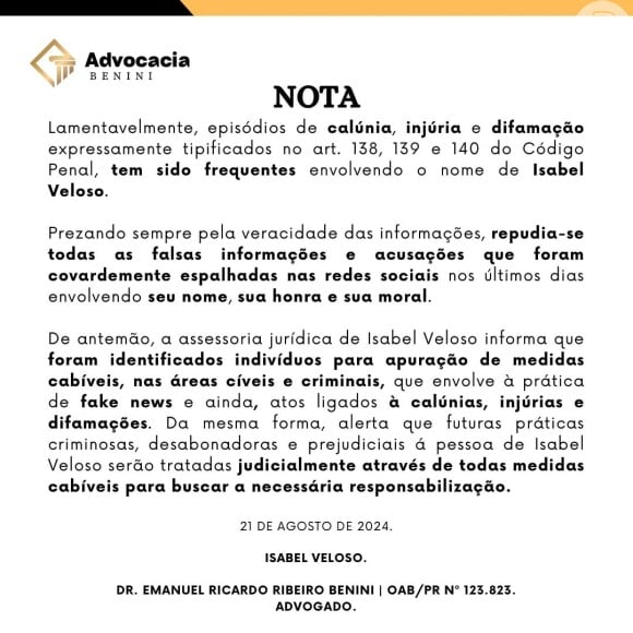 Após duros ataques, Isabel Veloso revelou que irá processar por calúnia e difamação