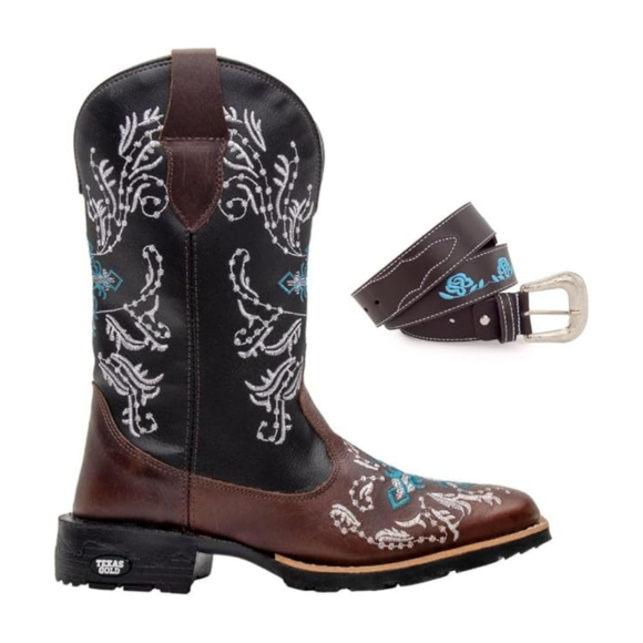 Kit Bota Texana Feminina Couro Country Bico Quadrado com Cinto