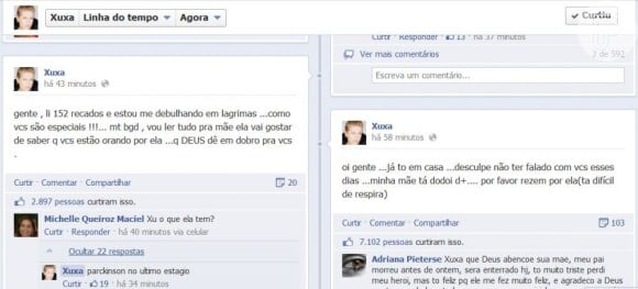 Depois da passeata, Xuxa entra em sua página oficial do Facebook e pede oração para sua mãe, que não está bem de saúde